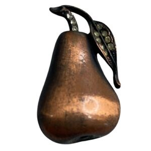 Vintage Brushed Copper Pear Brooch Pin Rhinestone Accents